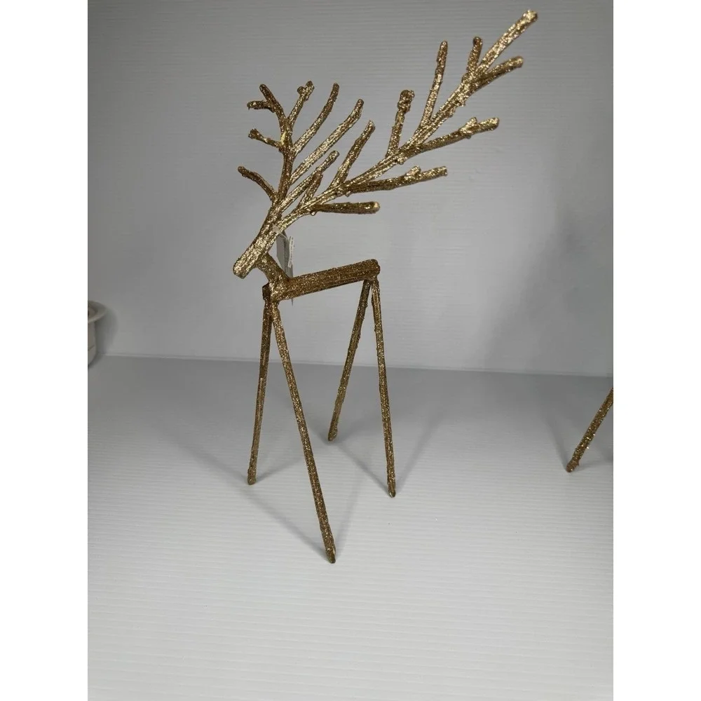 Set of 2 Gold Glitter Reindeer Figurines Tall Branch Antlers Christmas Decor